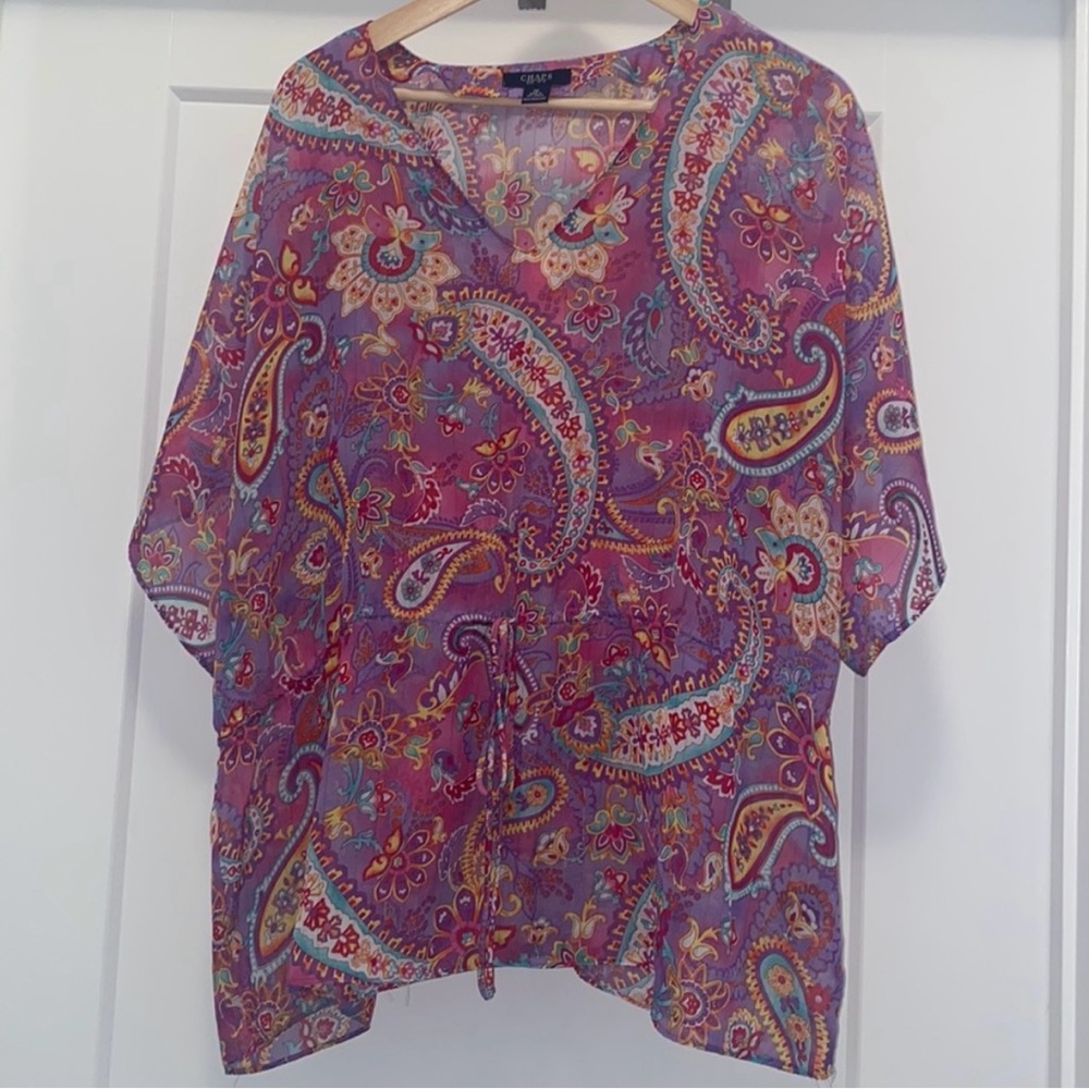 Pink, Purple, Teal, and Yellow CHAPS Paisley Pinstripe Top
- Size 1X